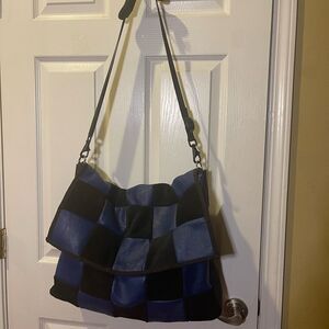 Leather & suede Royal Blue and Black Checkered patch work Hobo carry all Bag.